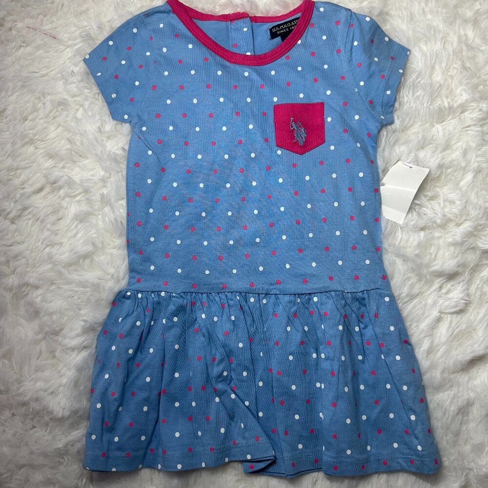 US Polo Assn Girl Blue with Pink and White Dots Shirt Dress Sz 3T NWT